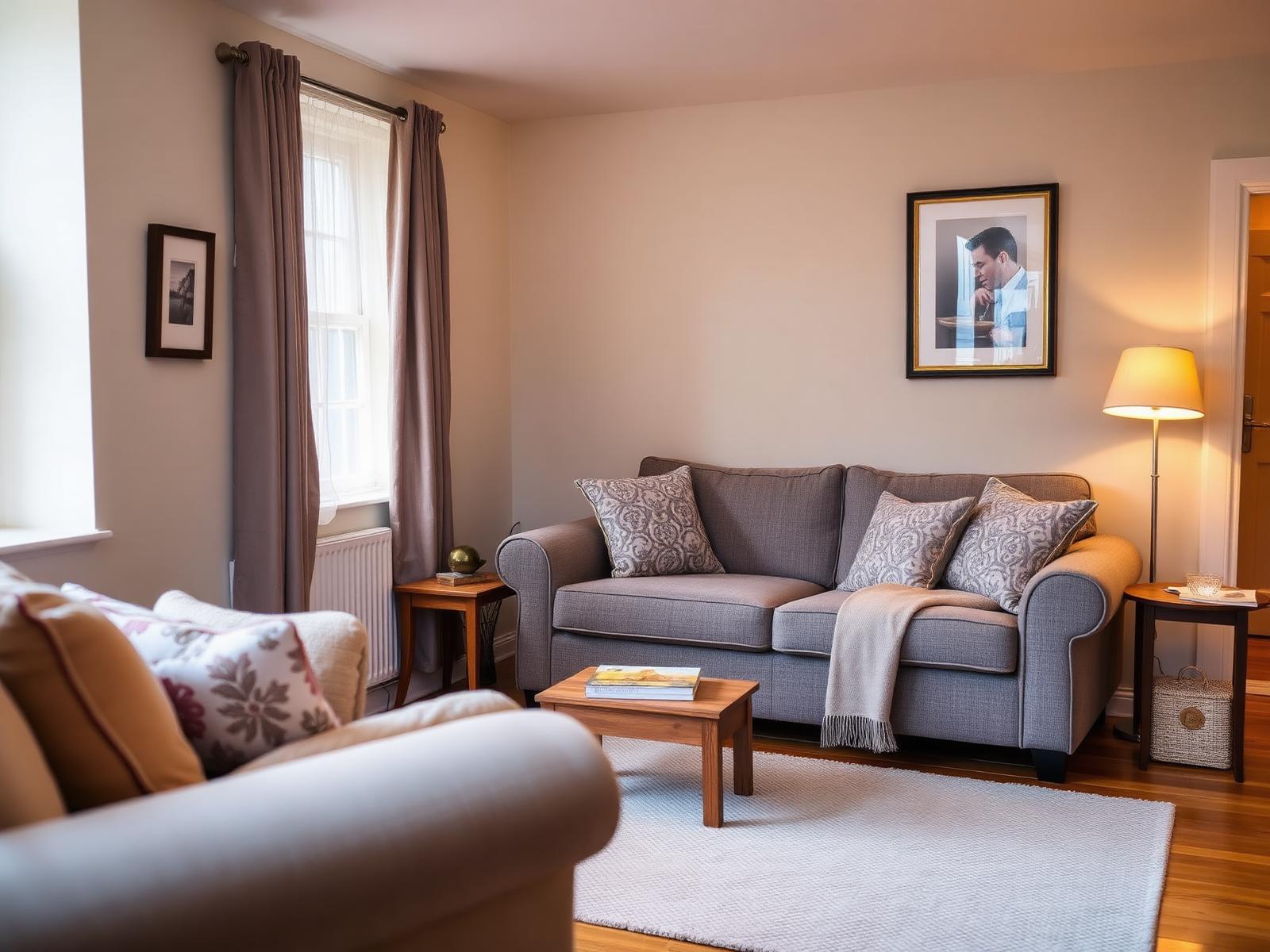 Cosy traditional living room with grey sofa, patterned cushions and warm lamp light