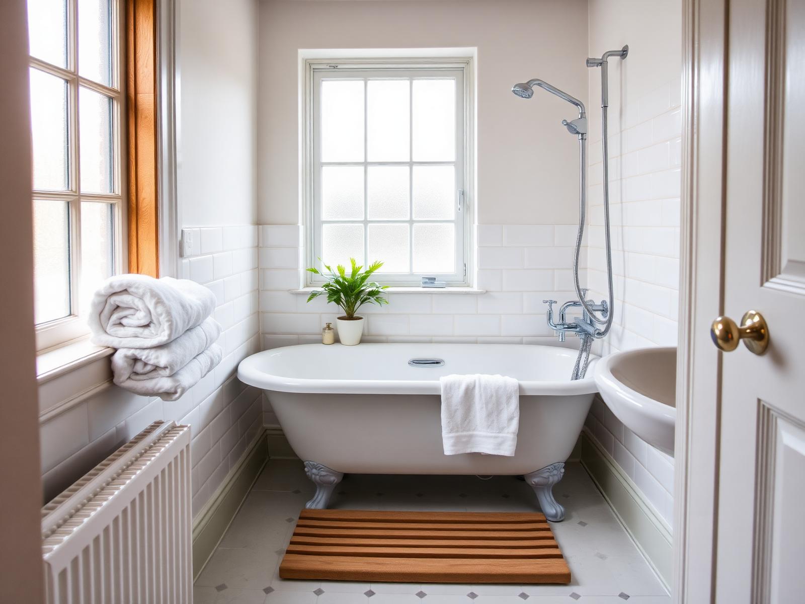 Bright traditional bathroom with roll-top bath, folded white towels and subway tiles