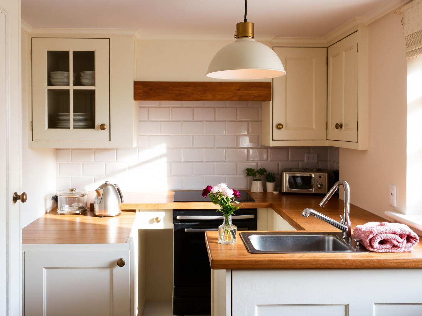 Traditional cream shaker kitchen with wood worktops, kettle and fresh flowers