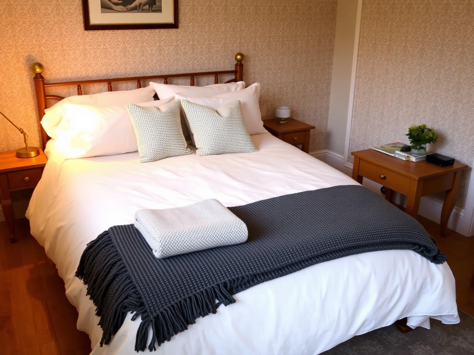 Homely bedroom with crisp white linen, knitted throw and warm bedside lamp